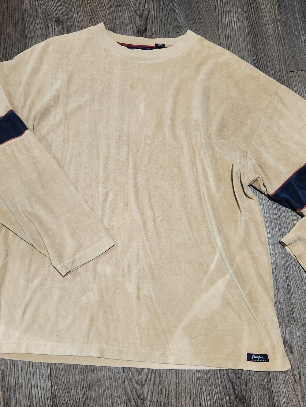 Phat Farm Beige Velour Crewneck Sweater with Navy Sleeve Accents